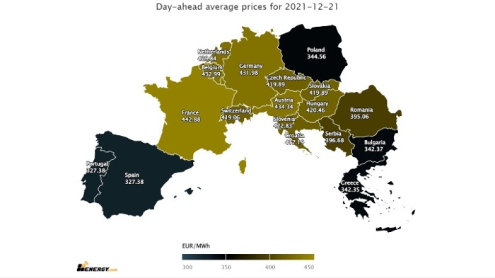 Рекордна средна цена на тока за утре в Европа от 398 евро за MWh, а в България от 342 евро